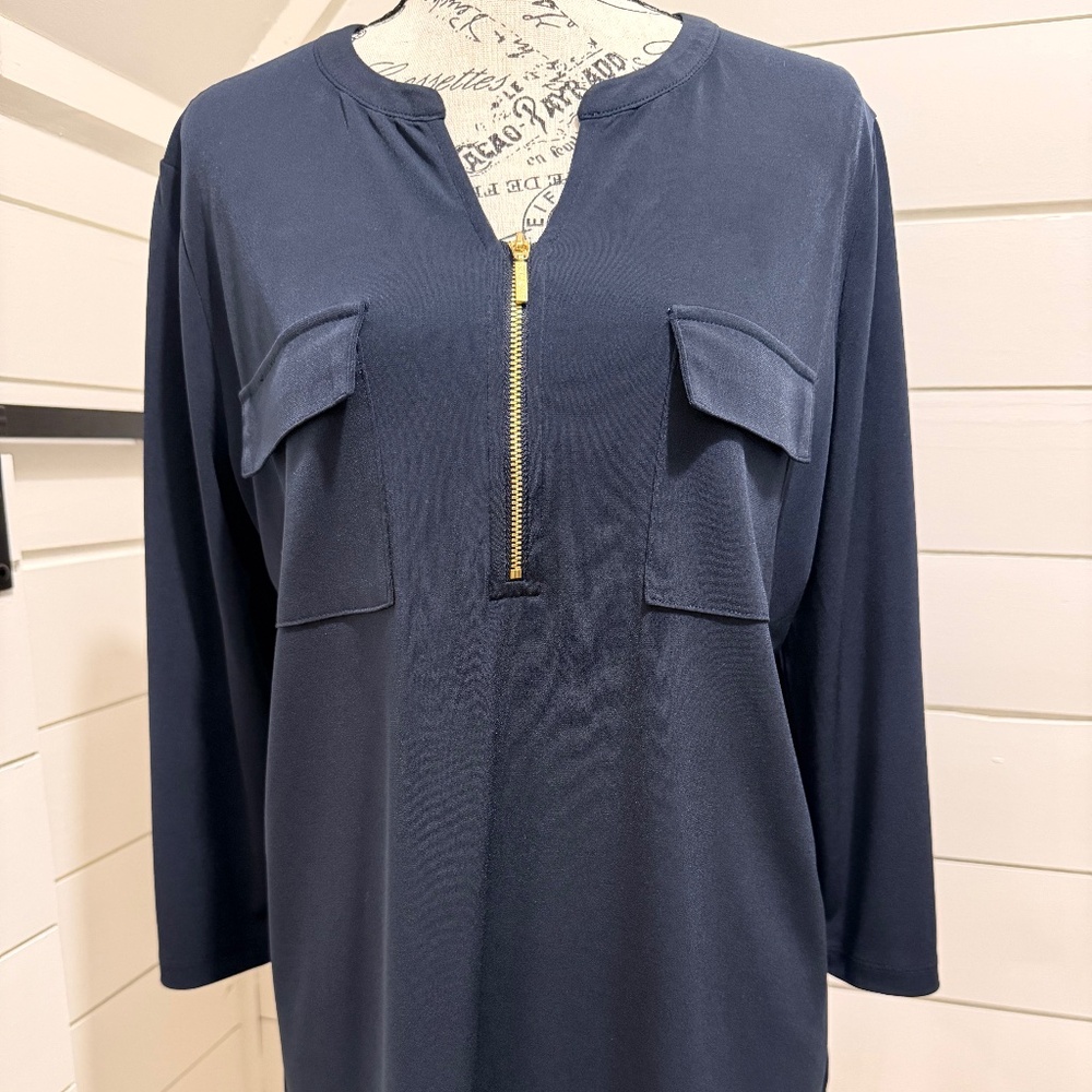 Ellen Tracy Navy Zip-Front Blouse | Size Large | Excellent Condition